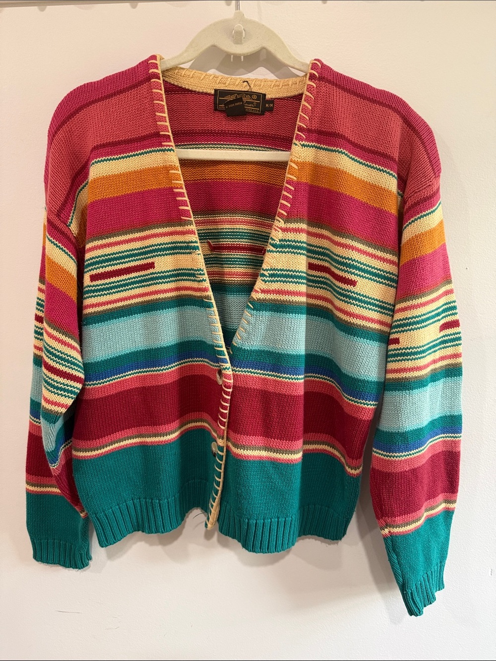 Vintage Eddie Bauer Multicolor Striped Open-Front Cardigan - Pink, Teal & Yellow